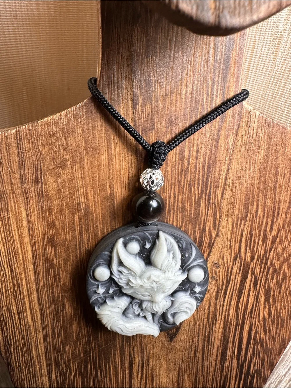 Tai Chi Stone Fox Pendant Necklace on Black Rope